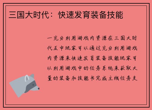 三国大时代：快速发育装备技能