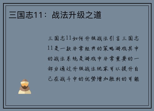 三国志11：战法升级之道